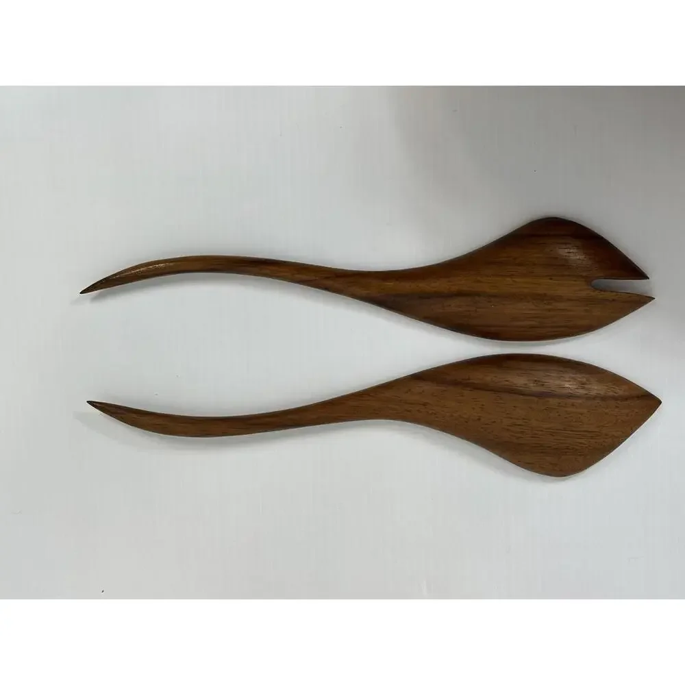 Vintage Wavy Oval Real Teak Wood Salad‎ Bowl Set Gorgeous Wood Grain 9 Niece